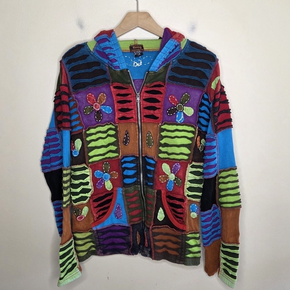Rising International Hippie Boho Patchwork Hoodie Floral Size XL 100% Cotton